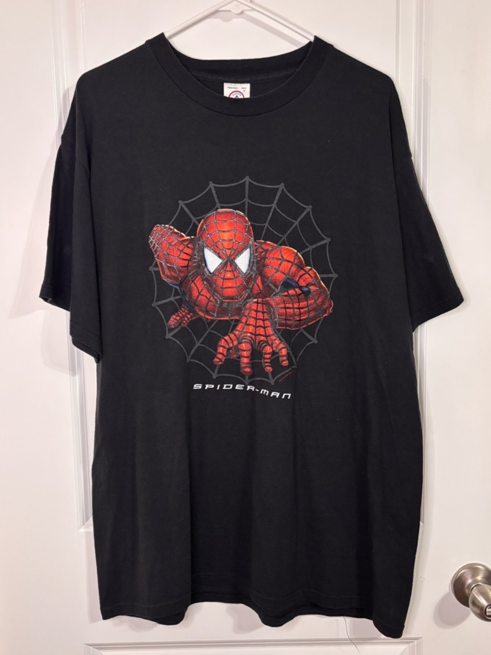 Vintage Mens 2002 Spiderman Movie Promo Graphic T Shirt Size L Black Nostalgia